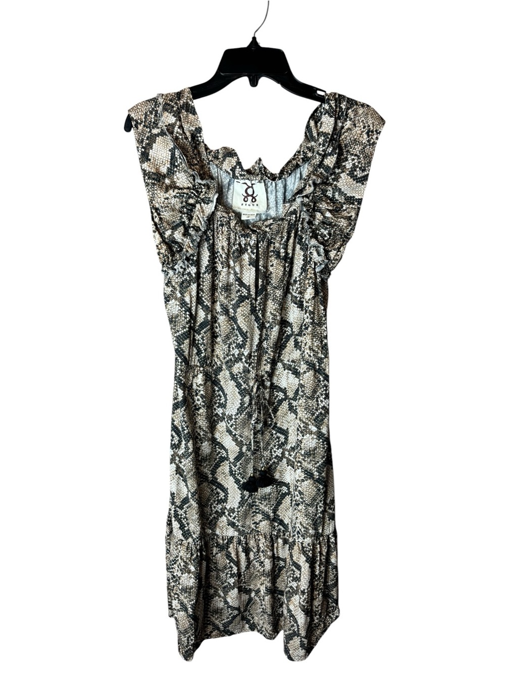 Figue Snake Print Ruffle Sleeve Dress - Neutral Tones M